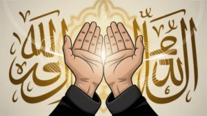 Ilustrasi doa menyembuhkan orang sakit dengan tangan yang sedang berdoa dan cahaya ilahi