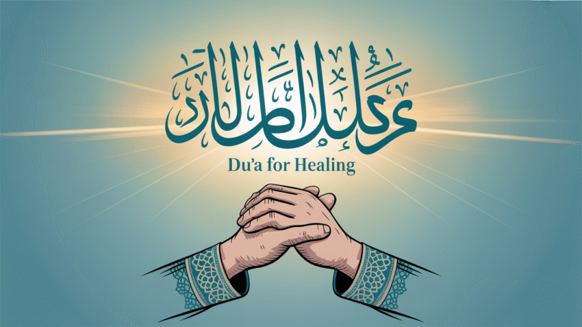 Ilustrasi doa minta kesembuhan untuk diri sendiri dengan background kaligrafi Arab