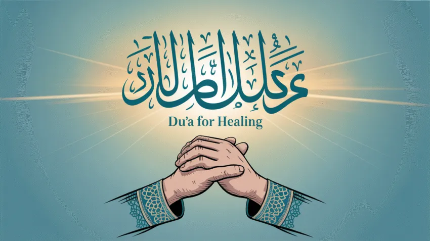 Ilustrasi doa minta kesembuhan untuk diri sendiri dengan background kaligrafi Arab