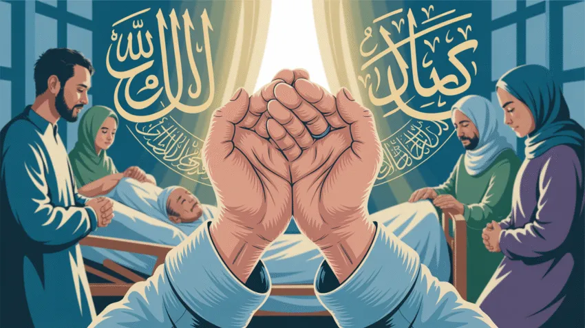 Ilustrasi doa mohon kesembuhan untuk orang lain dengan latar belakang kaligrafi islami