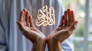 Ilustrasi doa mohon kesembuhan untuk orang sakit dengan tangan berdoa dan background kaligrafi Arab