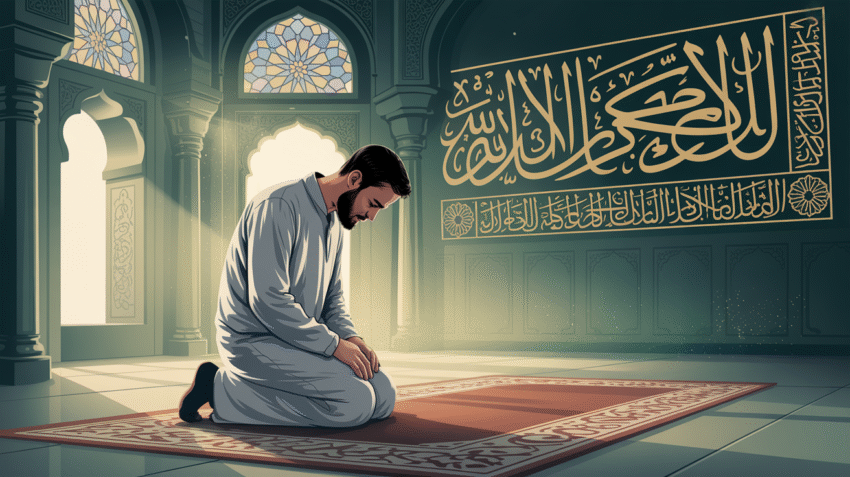Ilustrasi orang berdoa di hari Jumat dengan latar masjid