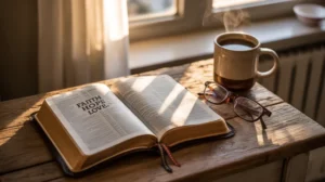 Doa pagi hari Kristen dengan Alkitab terbuka di meja kayu dengan cahaya matahari pagi