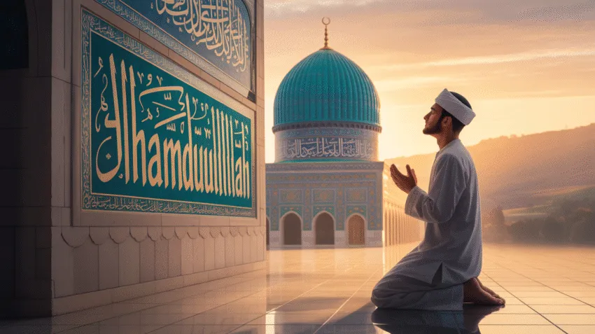 Ilustrasi doa pagi petang dengan latar masjid dan cahaya matahari terbit