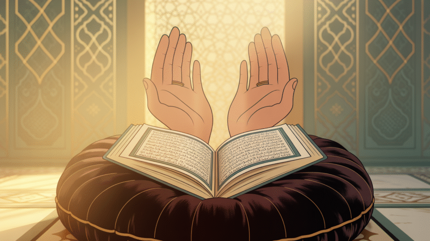 Ilustrasi doa penyembuh sakit dengan latar belakang Al-Quran dan tangan yang sedang berdoa