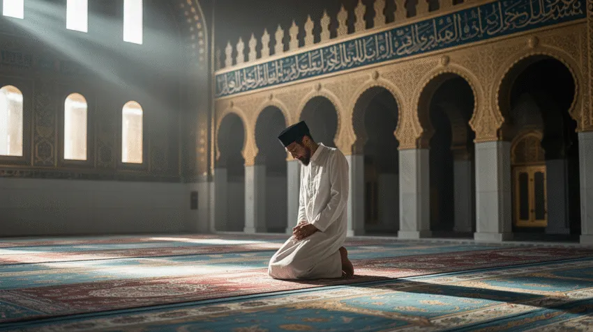 Ilustrasi doa selamat dunia dan akhirat dengan latar masjid dan cahaya ilahi