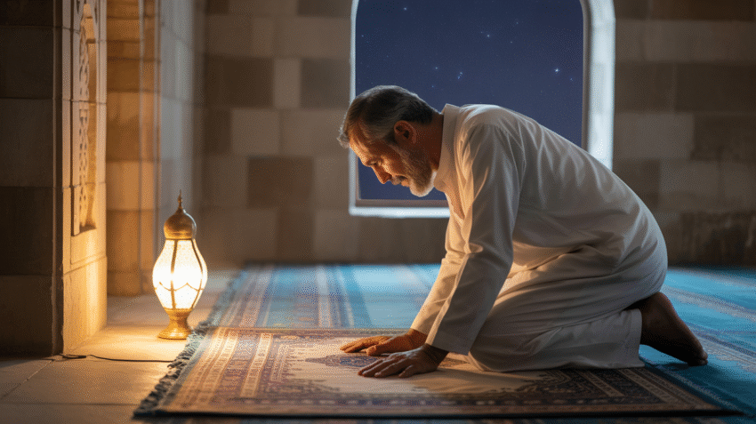 Ilustrasi seseorang sedang shalat tahajud di malam hari dengan cahaya remang-remang