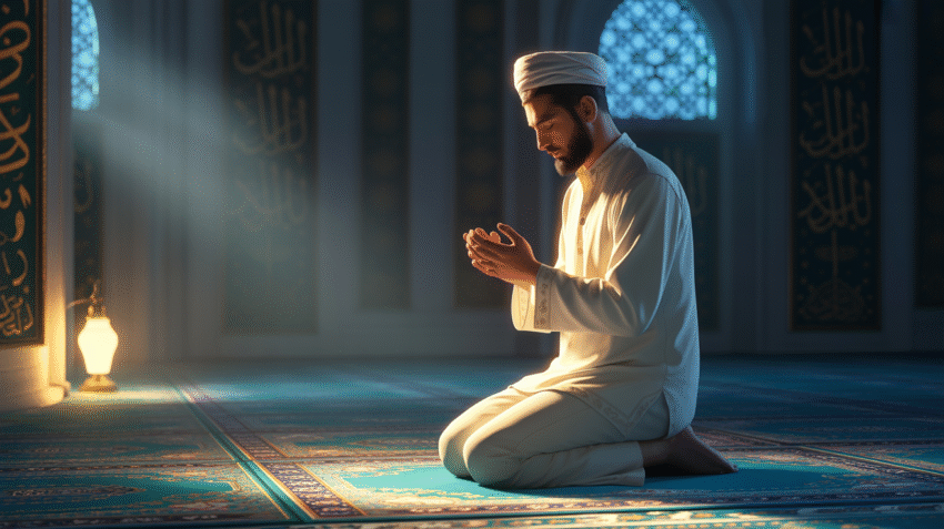 Ilustrasi seseorang sedang sholat tahajud dengan latar malam yang tenang