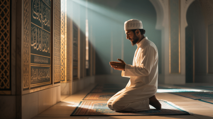 Ilustrasi seseorang sedang sholat tahajud di malam hari dengan cahaya remang