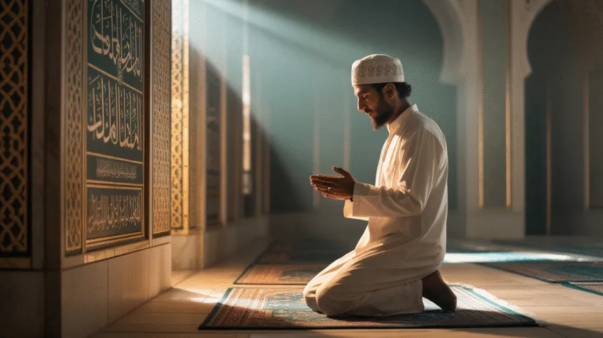 Ilustrasi seseorang sedang sholat tahajud di malam hari dengan cahaya remang