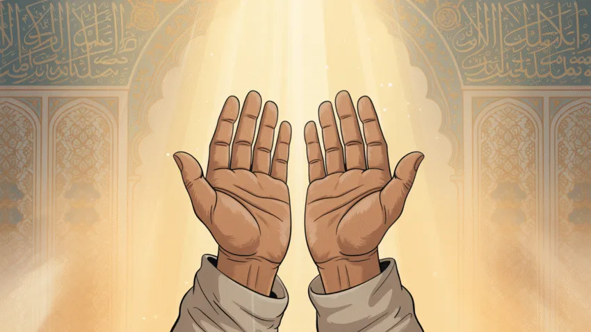 Ilustrasi doa untuk kesembuhan dengan tangan terangkat dan cahaya ilahi