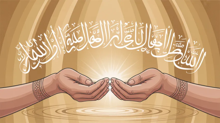 Ilustrasi doa untuk menyembuhkan penyakit dengan tangan yang sedang berdoa dan cahaya ilahi