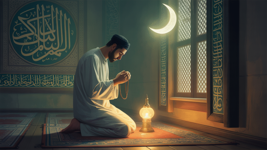 Ilustrasi seseorang sedang berdzikir setelah sholat tahajud di malam hari
