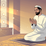 Ilustrasi dzikir Jumat pagi dengan suasana tenang dan cahaya matahari pagi