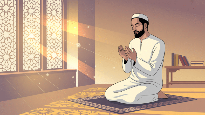 Ilustrasi dzikir Jumat pagi dengan suasana tenang dan cahaya matahari pagi