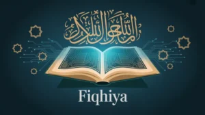 Ilustrasi fiqih kontemporer dengan simbol Islam modern dan buku hukum