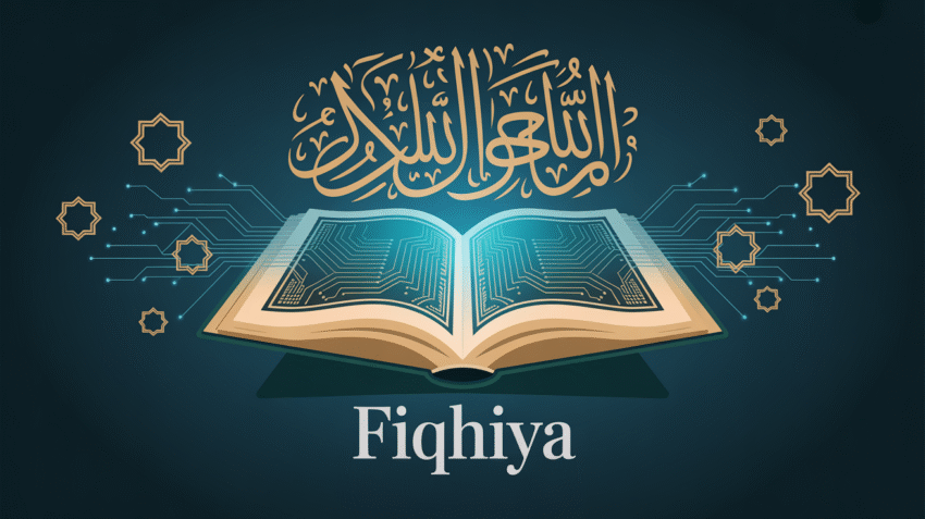 Ilustrasi fiqih kontemporer dengan simbol Islam modern dan buku hukum