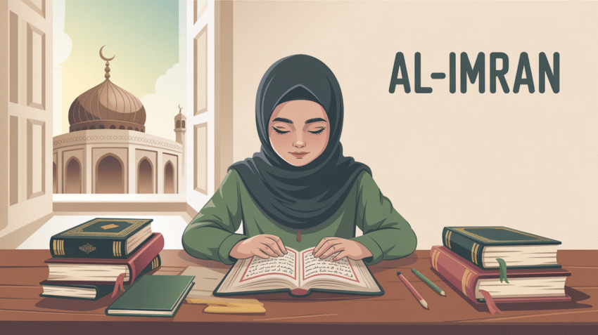 Ilustrasi mahasiswa sedang belajar dengan latar belakang masjid dan buku-buku pendidikan agama Islam