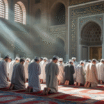 Ilustrasi salat berjamaah di masjid dengan umat Islam melaksanakan ibadah bersama