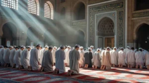 Ilustrasi salat berjamaah di masjid dengan umat Islam melaksanakan ibadah bersama