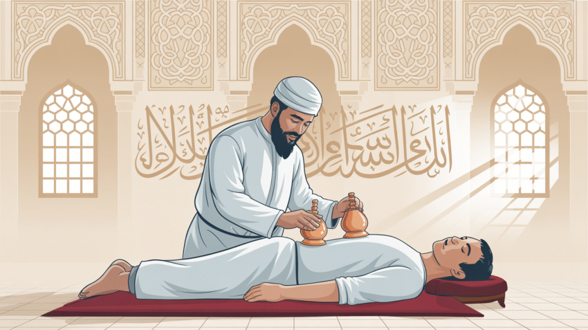 Ilustrasi bekam sesuai sunnah Nabi dengan peralatan tradisional dan latar islami