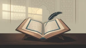 Ilustrasi hadits ilmu dengan gambar kitab suci dan pena di atas meja belajar