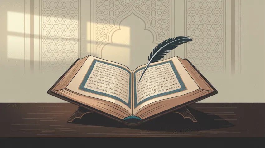 Ilustrasi hadits ilmu dengan gambar kitab suci dan pena di atas meja belajar