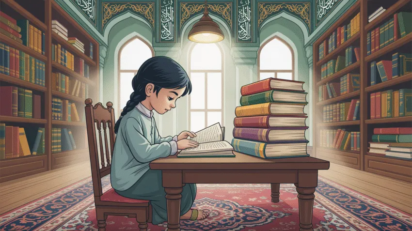 Ilustrasi seseorang membaca buku dengan latar masjid yang terang