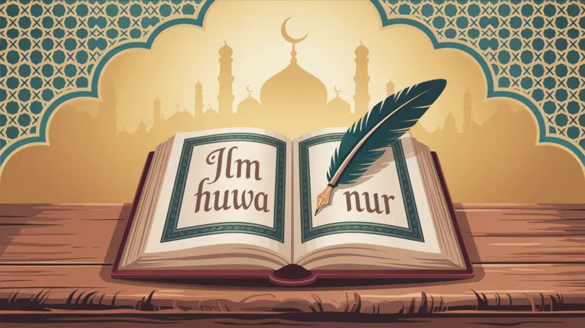 Ilustrasi hadits mencari ilmu dengan gambar kitab dan pena tradisional Islam