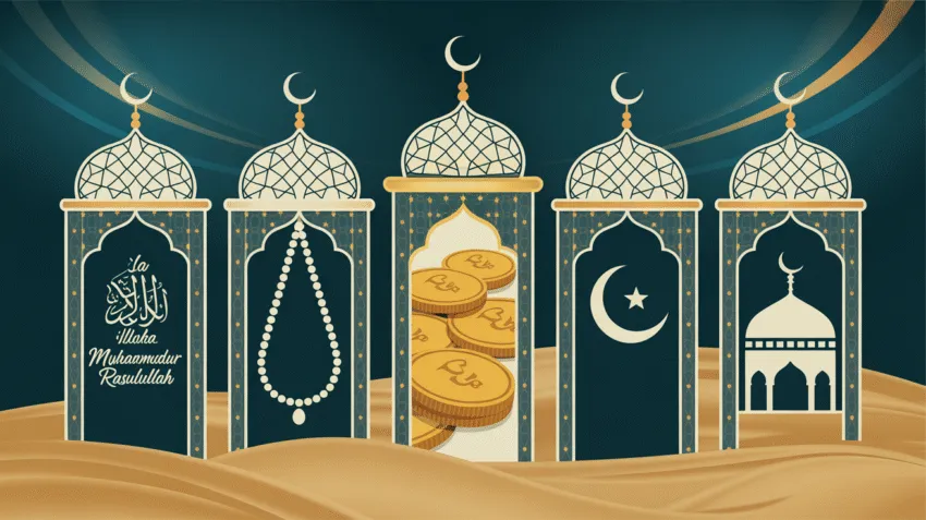Ilustrasi 5 rukun Islam dengan simbol syahadat, shalat, zakat, puasa, dan haji