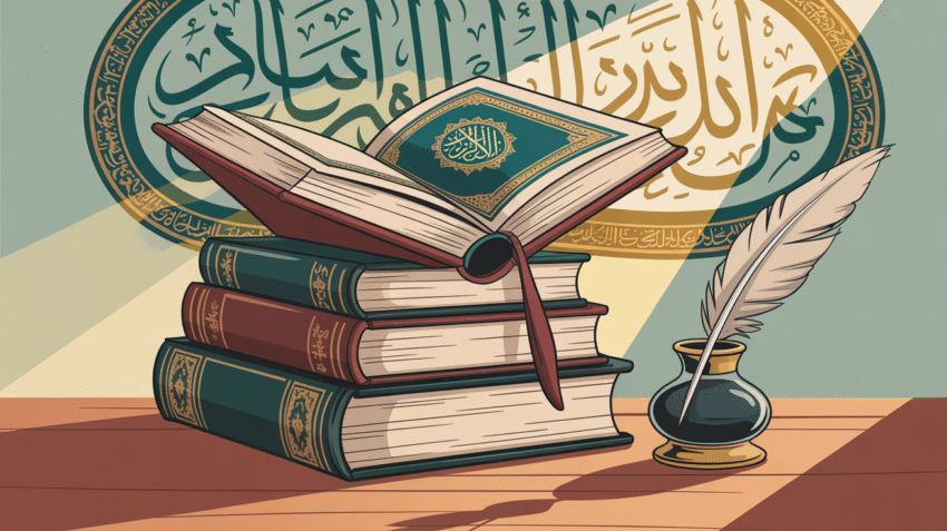 Ilustrasi kitab dan pena sebagai simbol menuntut ilmu dalam Islam