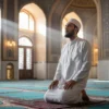 Ilustrasi muslim sedang shalat dengan latar masjid yang indah