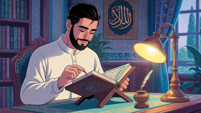 Ilustrasi seseorang sedang mempelajari ilmu tajwid dengan Al-Quran