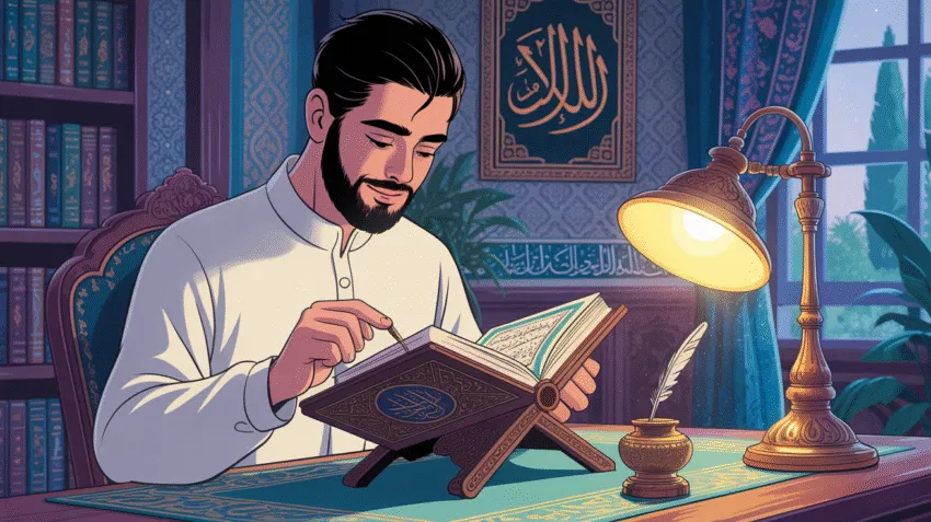 Ilustrasi seseorang sedang mempelajari ilmu tajwid dengan Al-Quran