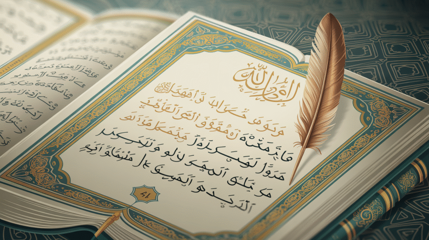 Ilustrasi hukum tajwid Al Maidah ayat 48 dengan mushaf Al-Quran dan penjelasan tajwid