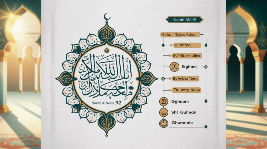 Ilustrasi hukum tajwid Surat Al Maidah ayat 32 dengan highlight pada ayat