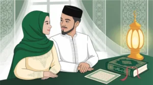 Ilustrasi ikrar talak dalam pernikahan Islam dengan latar belakang kitab suci