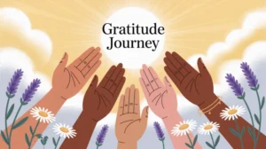 Ilustrasi jalan syukur dengan tangan terangkat ke langit biru yang cerah