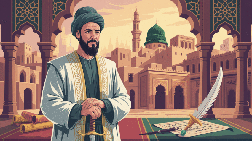 Ilustrasi Umar bin Khattab sebagai pemimpin Islam dengan latar kota Madinah kuno