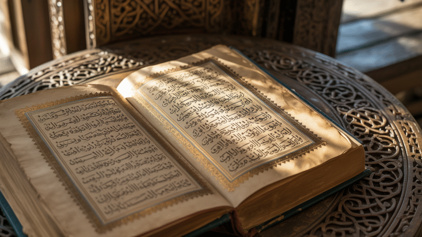 Ilustrasi buku hadis terbuka dengan kaligrafi Arab dan cahaya lembut