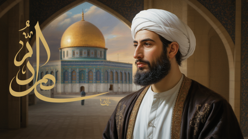 Gambar Umar bin Khattab dengan latar belakang sejarah Islam