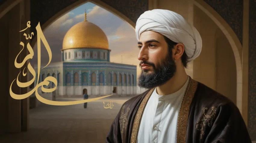 Gambar Umar bin Khattab dengan latar belakang sejarah Islam