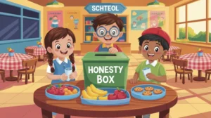 Kantin kejujuran dengan anak-anak sedang membayar sendiri