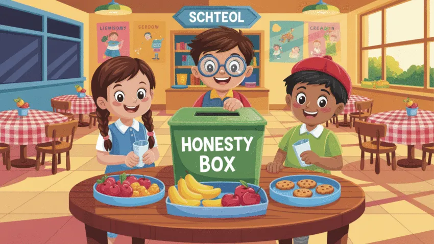 Kantin kejujuran dengan anak-anak sedang membayar sendiri