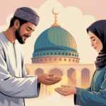 Ilustrasi sedekah subuh di masjid dengan cahaya matahari pagi
