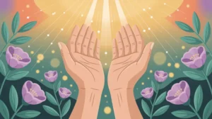 Ilustrasi kata bersyukur dengan tangan terangkat ke langit dan cahaya keemasan