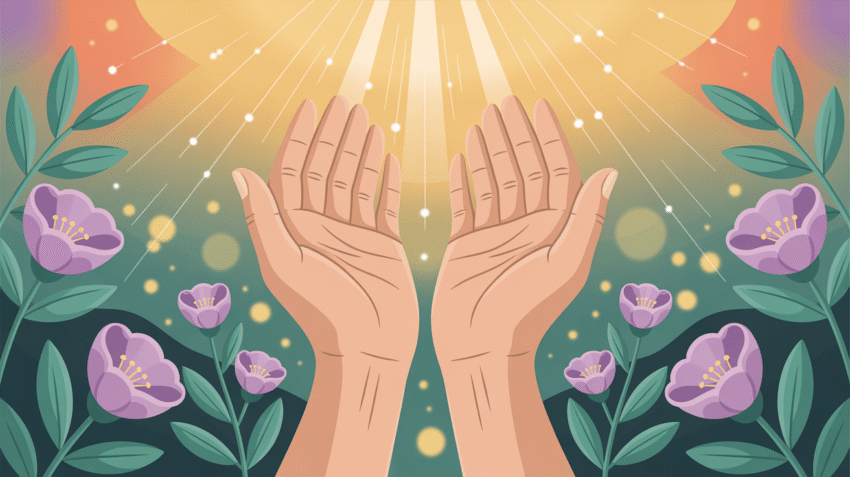 Ilustrasi kata bersyukur dengan tangan terangkat ke langit dan cahaya keemasan
