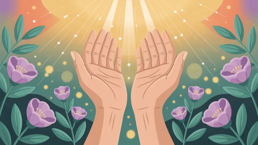 Ilustrasi kata bersyukur dengan tangan terangkat ke langit dan cahaya keemasan