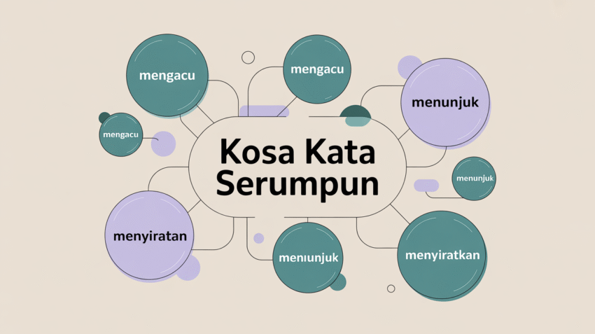 Ilustrasi kata-kata sinonim dalam bahasa Indonesia dengan berbagai pilihan kata yang merujuk pada makna sama