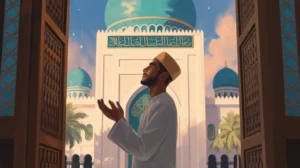 Ilustrasi seseorang membaca doa keluar masjid dengan khusyuk